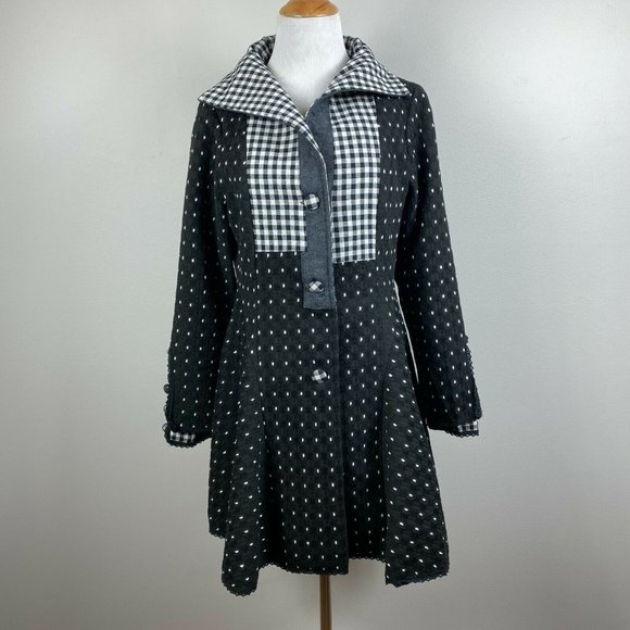 N By Nancy Skirted Coat Jacket M Black White Gingham‎ Mixed Print Lightweight - Picture 1 of 11